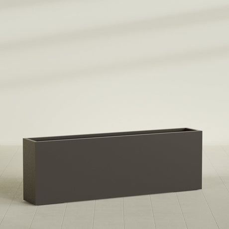 Hollywood Narrow Rectangular Planter in Matte Dark Brown, 72"L × 12"D × 24"H, shown empty