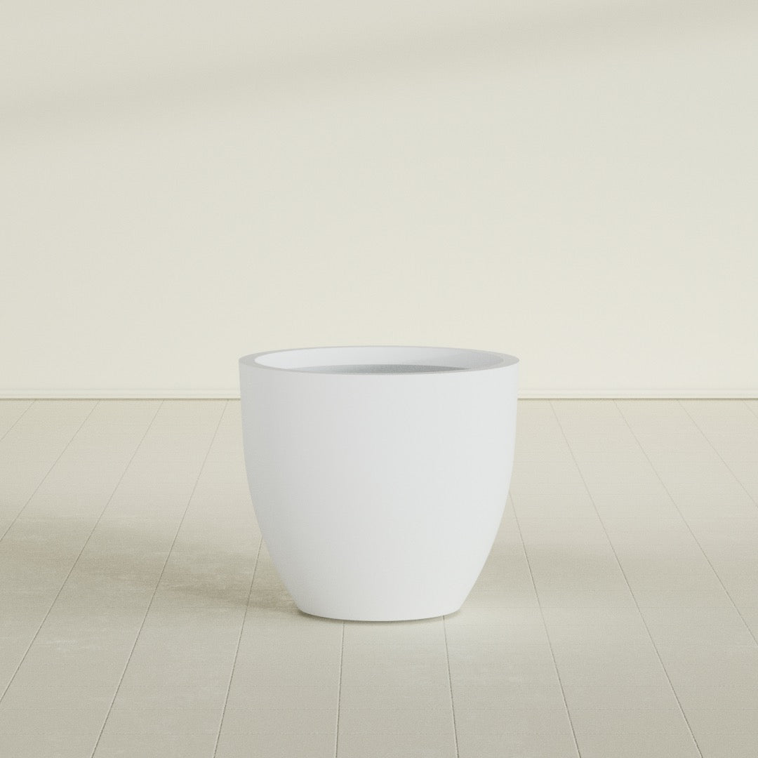 Wannsee Round Planter in Gloss Bright White, 33"D × 29"H, shown empty