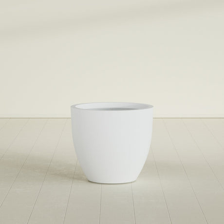 Wannsee Round Planter in Gloss Bright White, 33"D × 29"H, shown empty