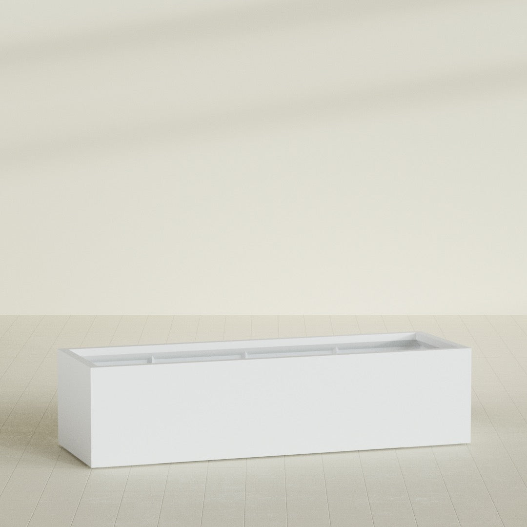 Torino Wide Rectangular Planter in Gloss Bright White, 72"L × 24"D × 18"H, shown empty