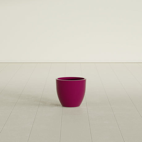 Wannsee Round Planter in Gloss Eggplant, 15"D × 13"H, shown empty
