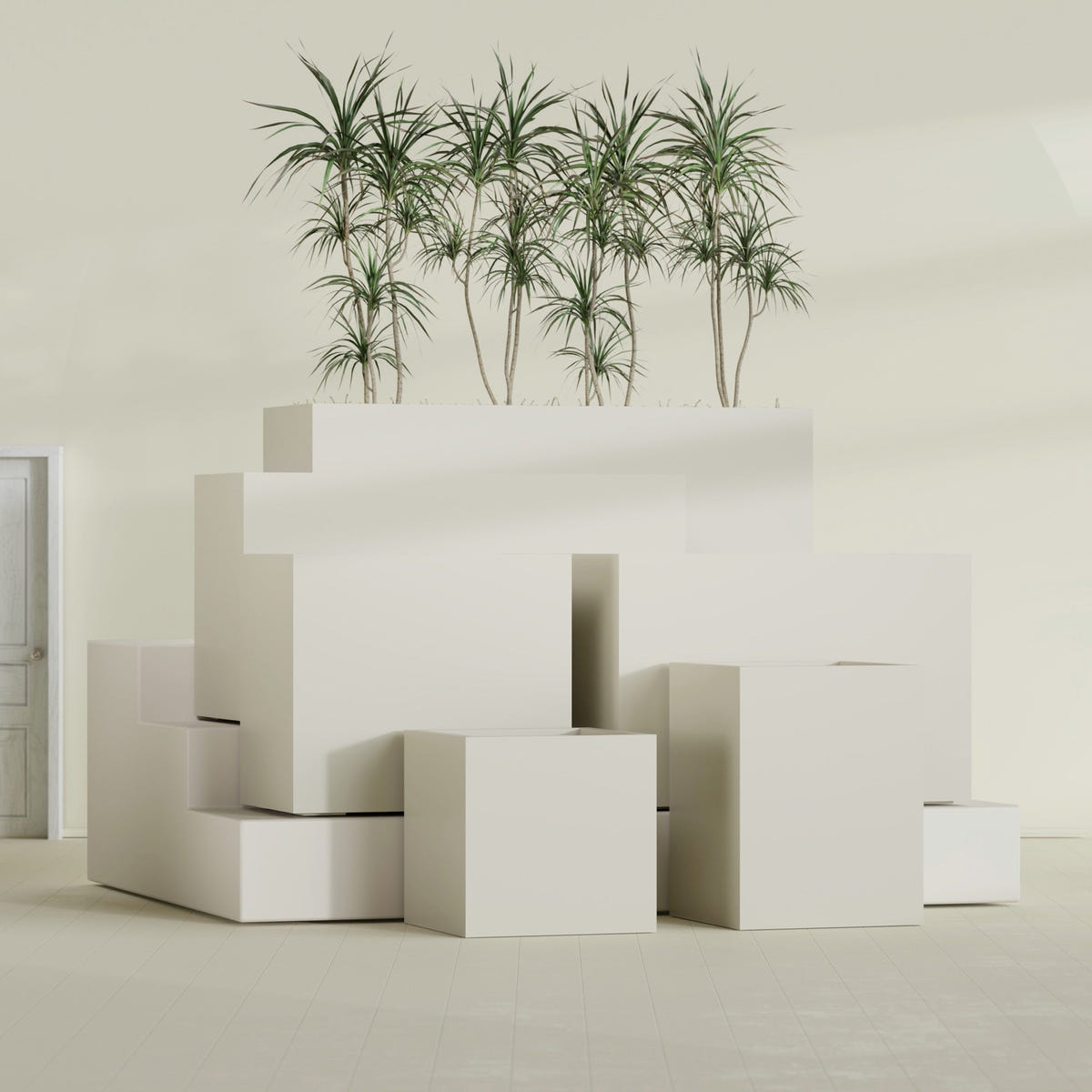 Brisbane Corner fiberglass planter in Satin Beige, size range, in a sunlit interior