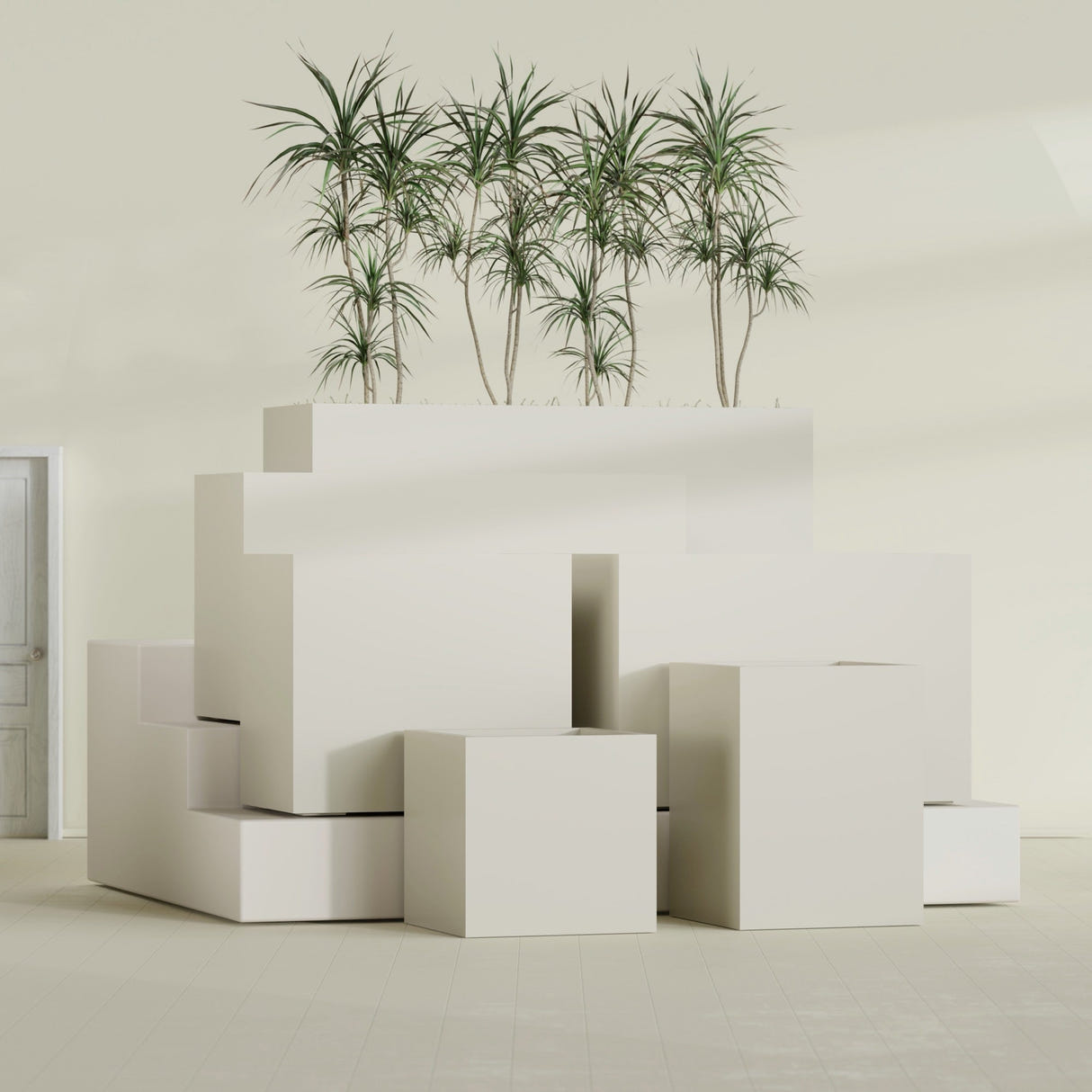 Brisbane Rectangular fiberglass planter in Satin Beige, size range, in a sunlit interior