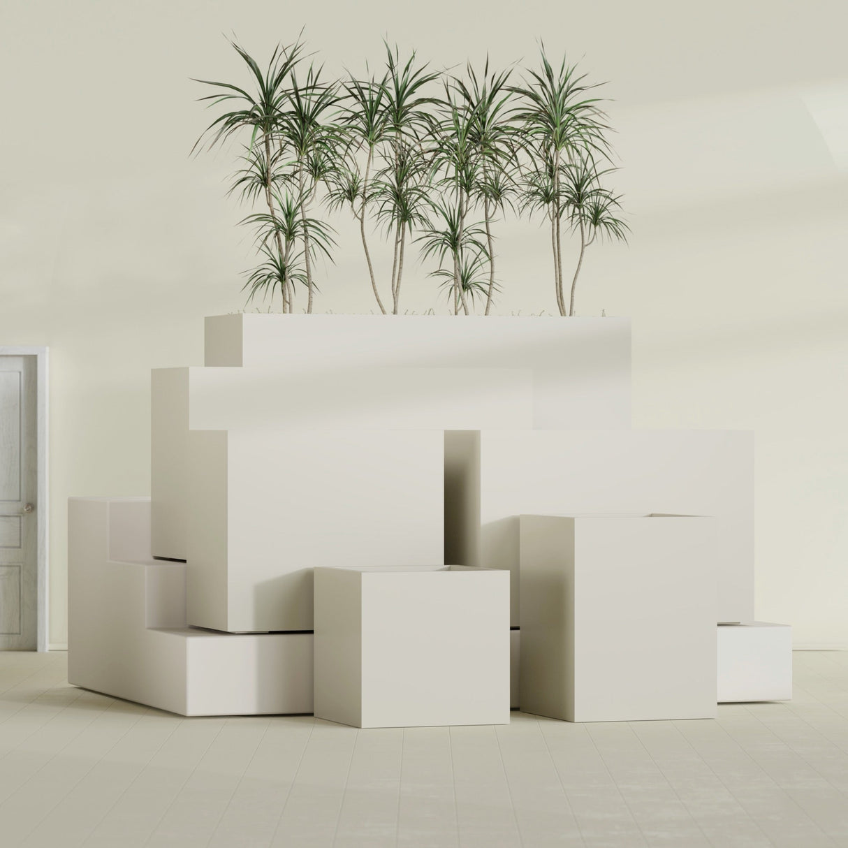 Brisbane Rectangular fiberglass planter in Satin Beige, size range, in a sunlit interior