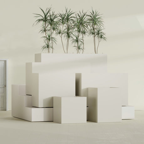 Brisbane Rectangular fiberglass planter in Satin Beige, size range, in a sunlit interior