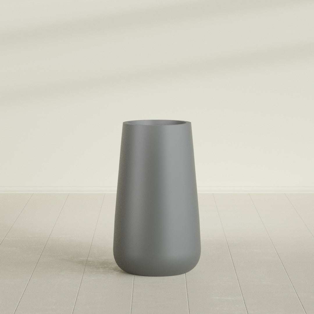 Saigon Tapered Round Planter in Matte Gunmetal, 19"D × 42"H, shown empty
