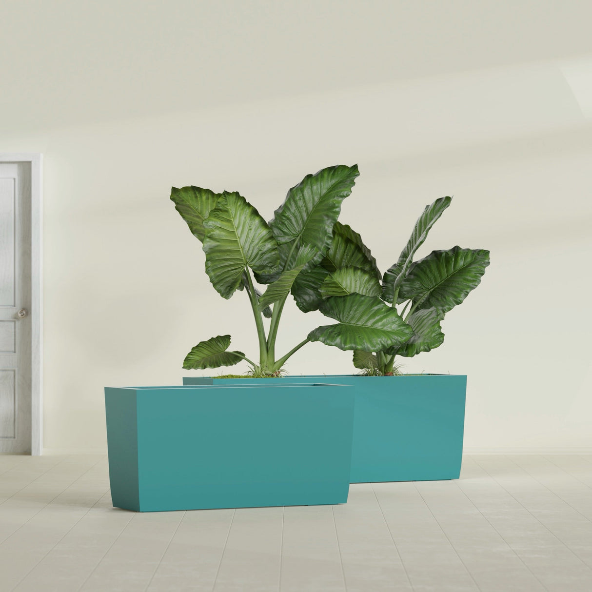 Panama Tapered Rectangular fiberglass planter in Satin Seafoam Green, shown planted, in a sunlit interior