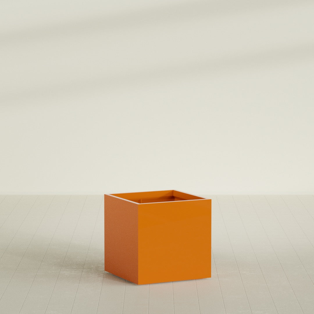 Montroy Cube Planter in Gloss Tangerine, 32", shown empty