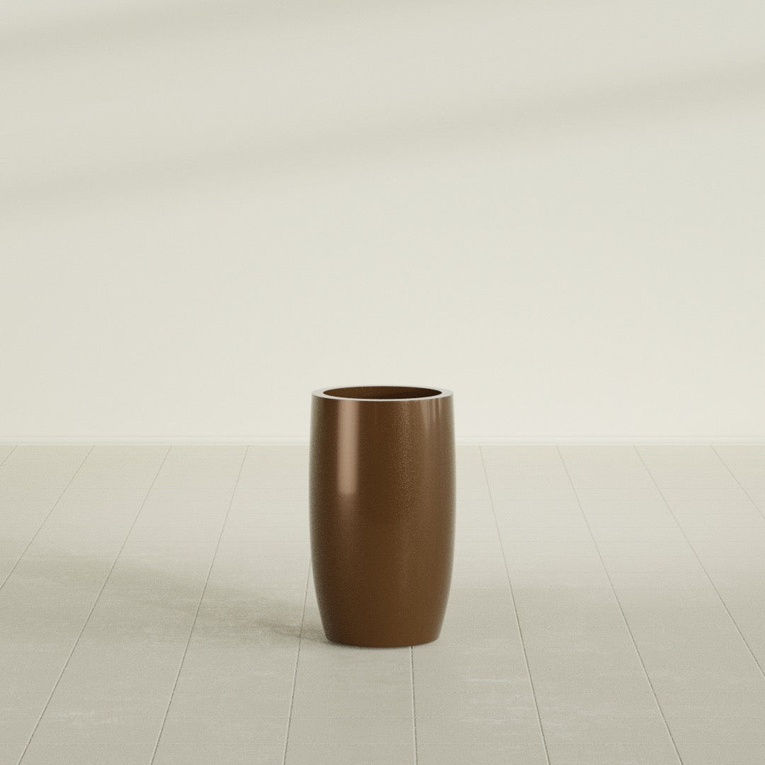Lisbon tall round tapered fiberglass planter in Metallic Bronze, 14 in diameter, 25 in high, shown empty