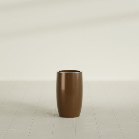 Lisbon tall round tapered fiberglass planter in Metallic Bronze, 14 in diameter, 25 in high, shown empty
