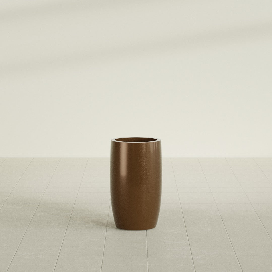 Lisbon tall round tapered fiberglass planter in Metallic Bronze, 14 in diameter, 25 in high, shown empty