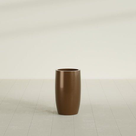 Lisbon tall round tapered fiberglass planter in Metallic Bronze, 14 in diameter, 25 in high, shown empty