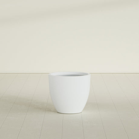 Wannsee Round Planter in Matte Bright White, 27"D × 24"H, shown empty