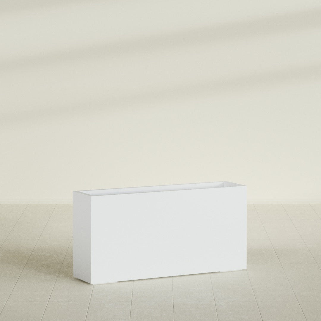 Hollywood Narrow Rectangular Planter in Gloss Bright White, 48"L × 12"D × 24"H, shown empty
