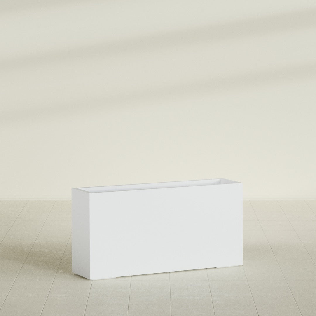 Hollywood Narrow Rectangular Planter in Gloss Bright White, 48"L × 12"D × 24"H, shown empty