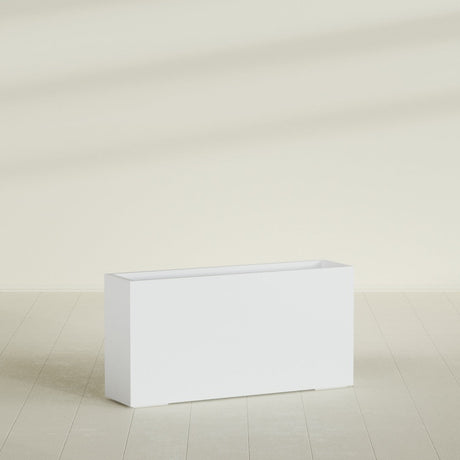 Hollywood Narrow Rectangular Planter in Gloss Bright White, 48"L × 12"D × 24"H, shown empty