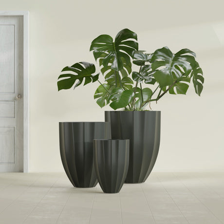 Alicante Fluted Planter in Matte Charcoal, 15"D × 21"H, shown empty