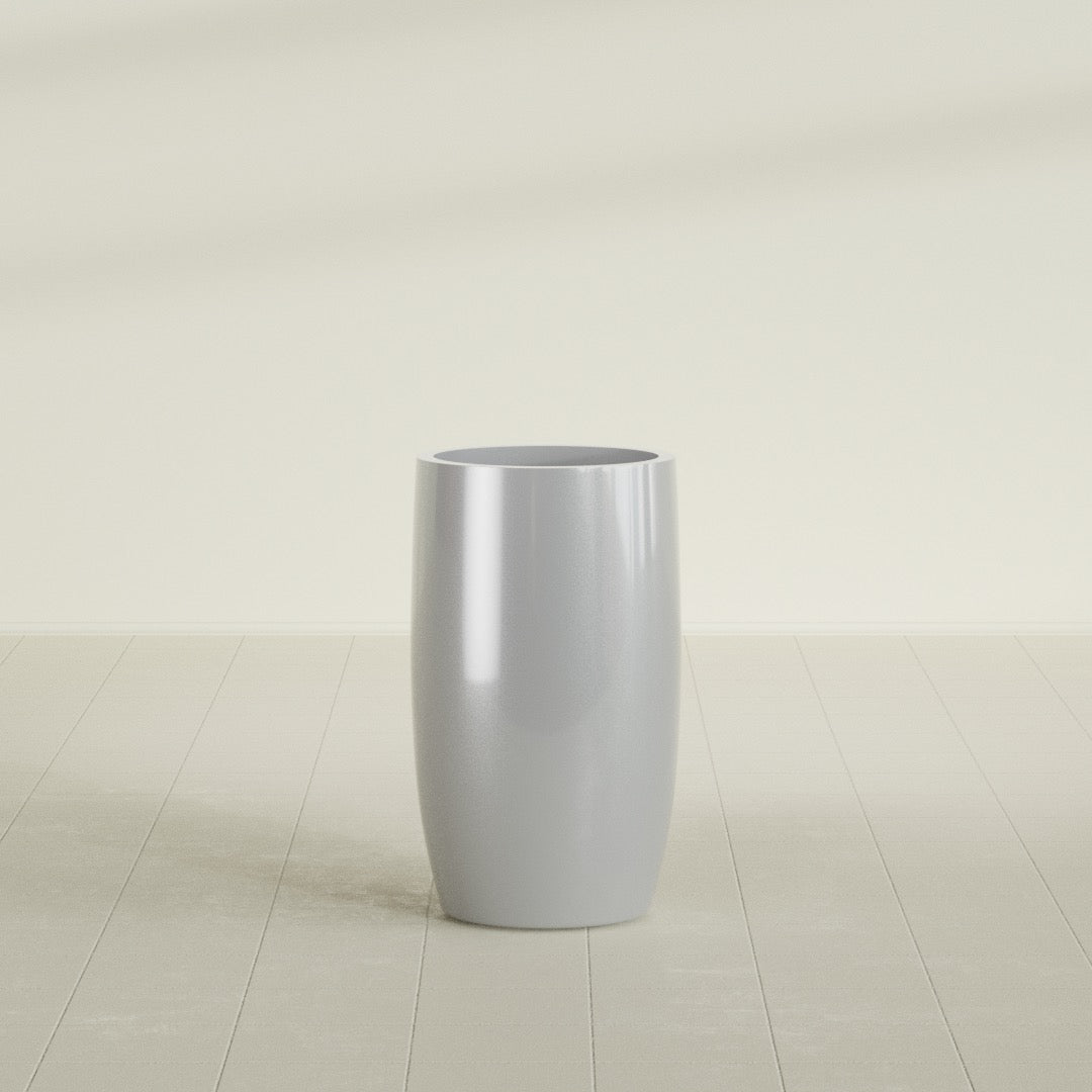 Lisbon tall round tapered fiberglass planter in Metallic Silver, 18 in diameter, 32 in high, shown empty