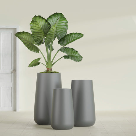 Saigon Tapered Round fiberglass planter in Matte Gunmetal, size range, in a sunlit interior