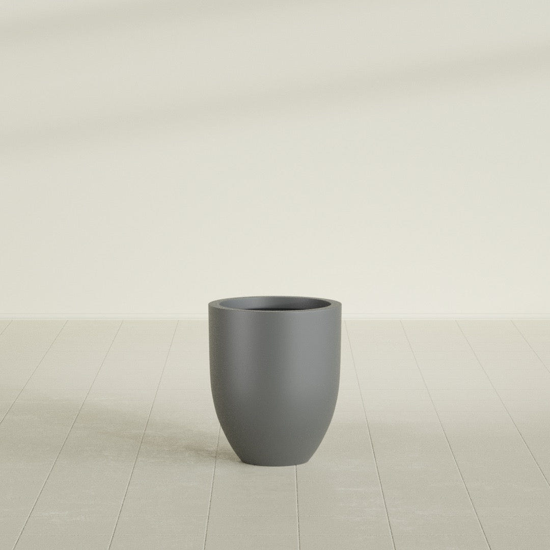 Valencia Tapered Round Planter in Matte Gunmetal, 15"D × 18"H, shown empty