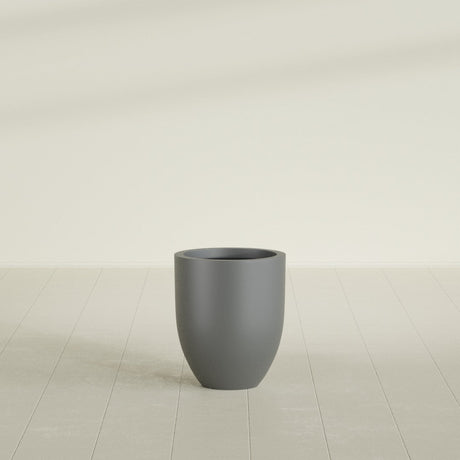 Valencia Tapered Round Planter in Matte Gunmetal, 15"D × 18"H, shown empty