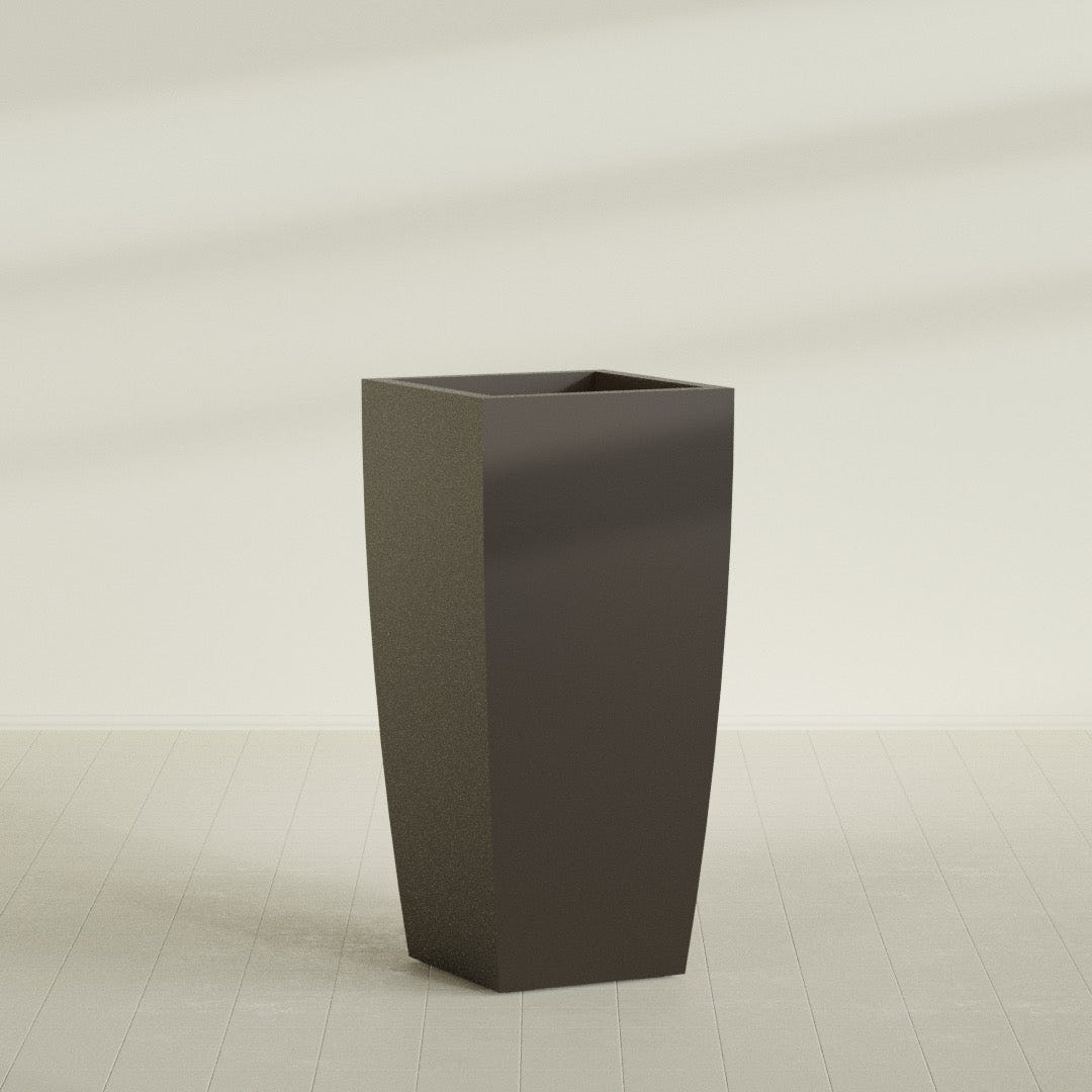 Toulan Tapered Square Planter in Matte Dark Brown, 28"W × 60"H, shown empty
