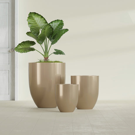 Valencia Tapered Round fiberglass planter in Gloss Metallic Gold, size range, in a sunlit interior