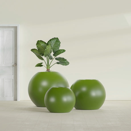 Globe fiberglass planter in Satin Green, size range, in a sunlit interior