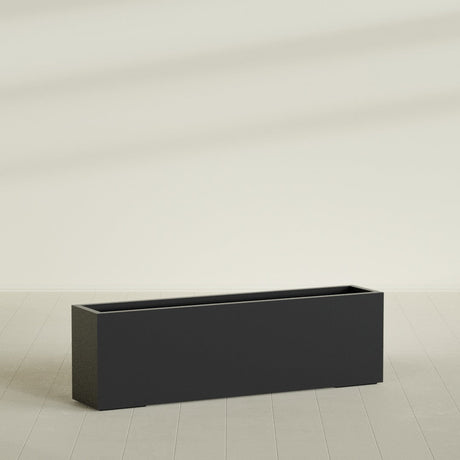 Miami Narrow Rectangular Planter in Matte Black, 60"L × 12"D × 18"H, shown empty