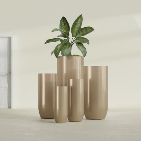 Saint Tropez Bullet Round Planter in Gloss Metallic Gold, 28"D × 60"H, shown empty