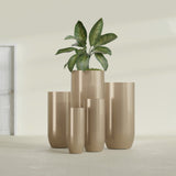 Saint Tropez Bullet Round fiberglass planter in Gloss Metallic Gold, size range, in a sunlit interior