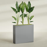 Amesbury Narrow Rectangular fiberglass planter in Matte Gunmetal, shown planted, in a sunlit interior