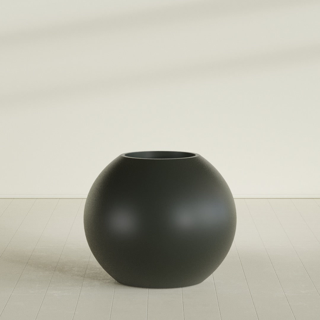 Globe Planter in Matte Charcoal, 36"D × 30"H, shown empty
