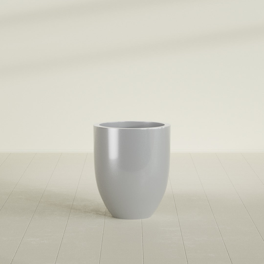 Valencia Tapered Round Planter in Metallic Silver, 20"D × 23"H, shown empty