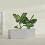 Panama Tapered Rectangular fiberglass planter in Metallic Silver, shown planted, in a sunlit interior