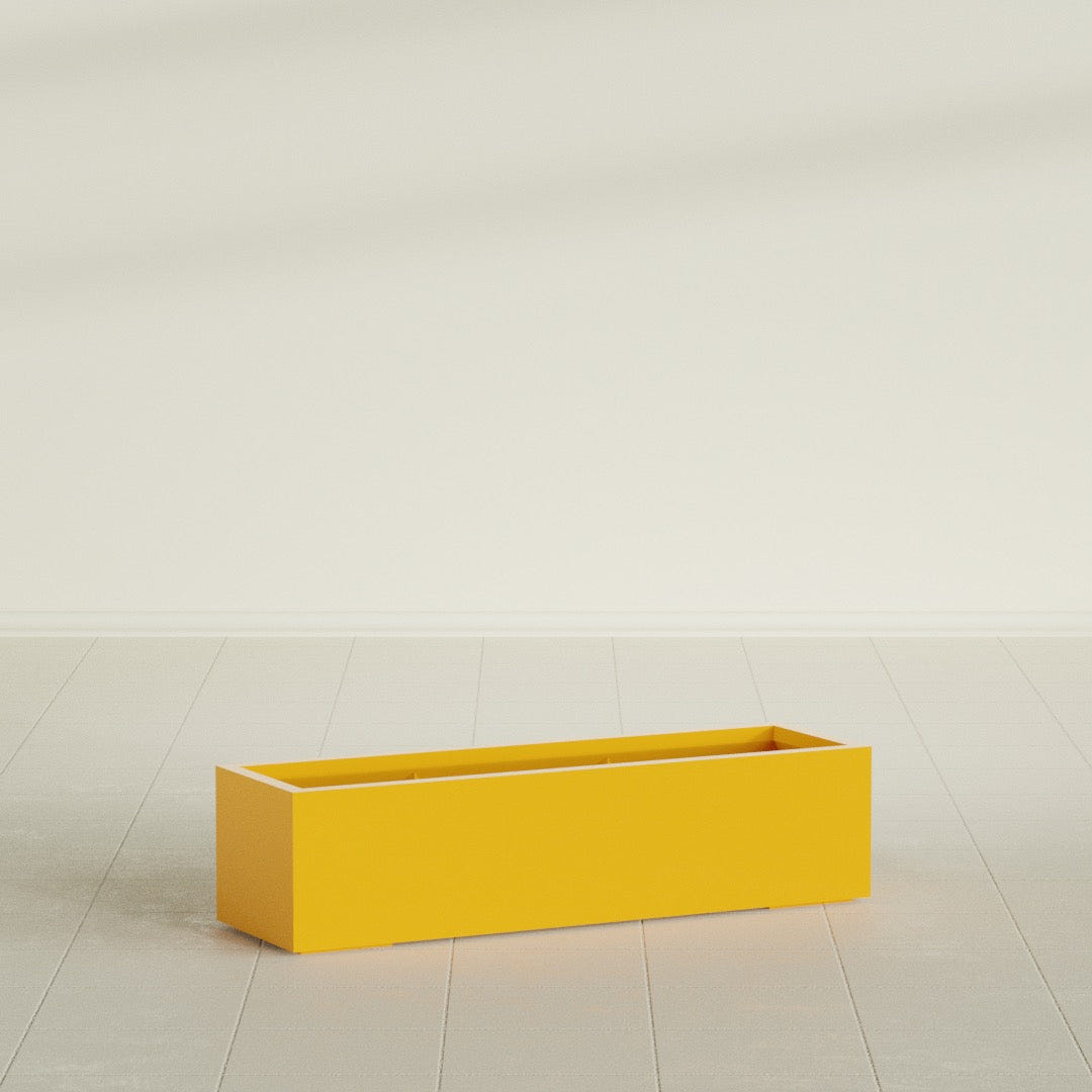 Cuba Low Rectangular Planter in Gloss Saffron, 48"L × 14"D × 12"H, shown empty