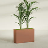 Potsdam Rectangular fiberglass planter in Matte Terra Cotta, shown planted, in a sunlit interior