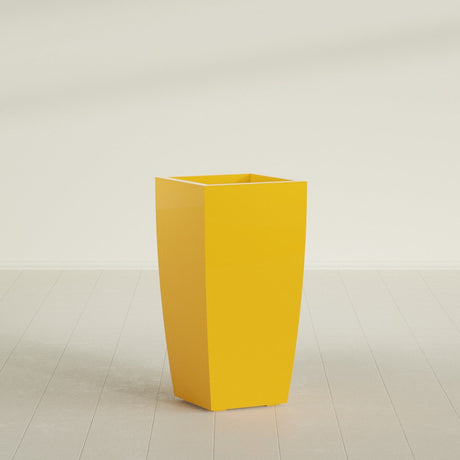 Toulan Tapered Square Planter in Gloss Saffron, 18"W × 36"H, shown empty