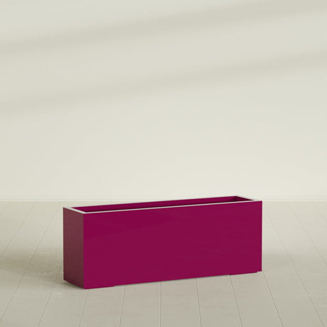 Miami Narrow Rectangular Planter in Gloss Eggplant, 48"L × 12"D × 18"H, shown empty