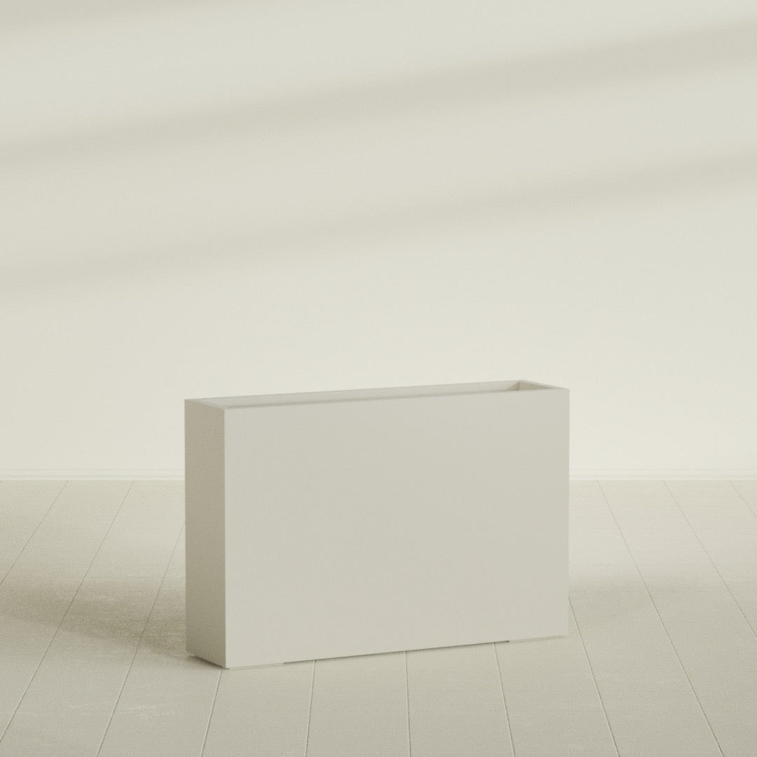 Delray Rectangular Planter in Satin Beige, 48"L × 12"D × 32"H, shown empty
