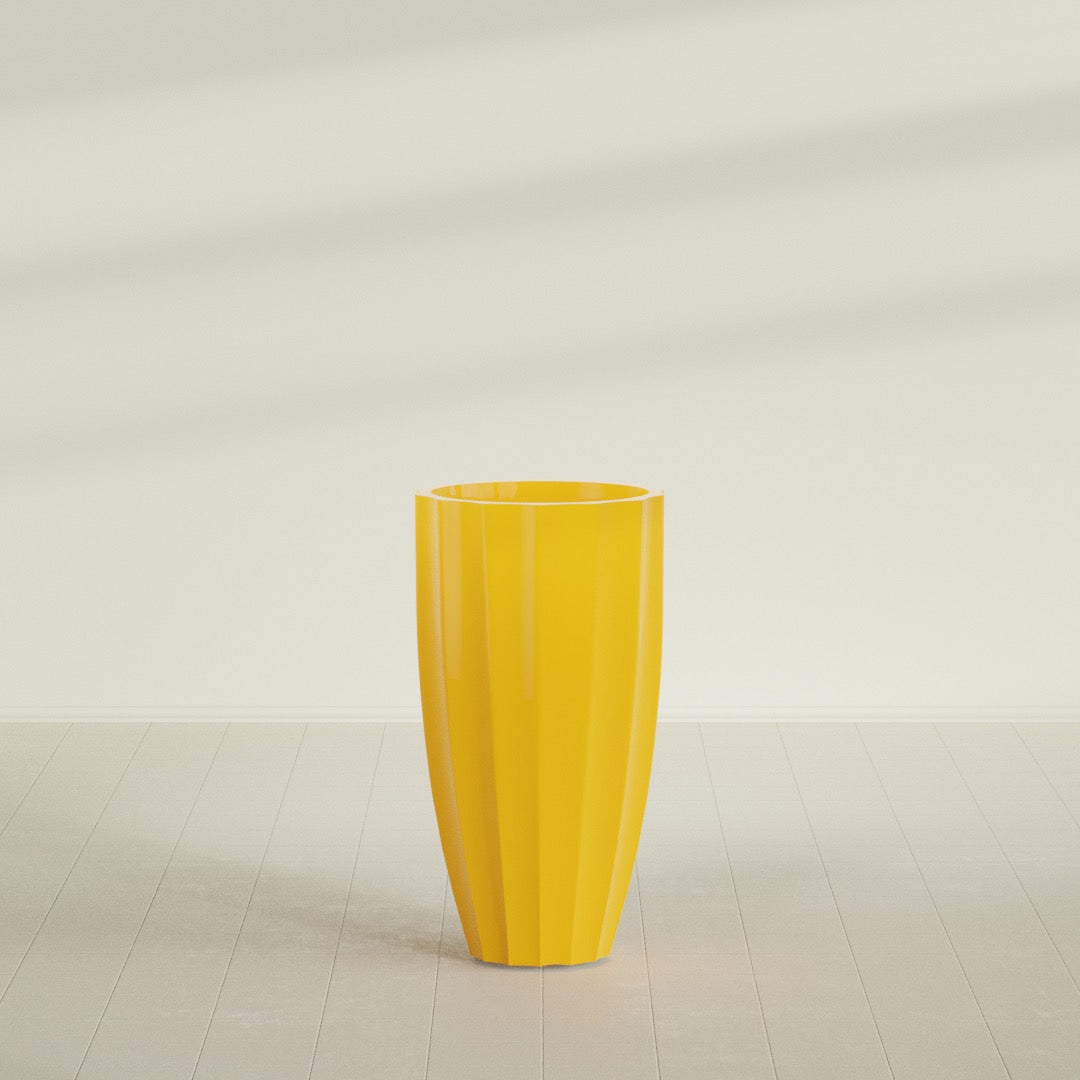 San Jose Tall Fluted Planter in Gloss Saffron, 22"D × 40"H, shown empty