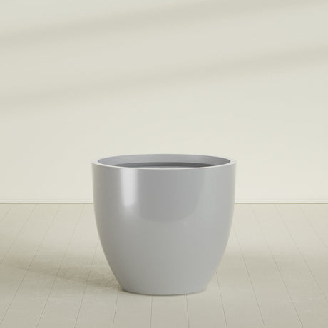 Wannsee Round Planter in Metallic Silver, 50"D × 44"H, shown empty