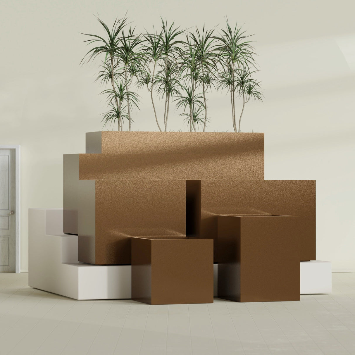 Brisbane Rectangular fiberglass planter in Metallic Bronze, size range, in a sunlit interior