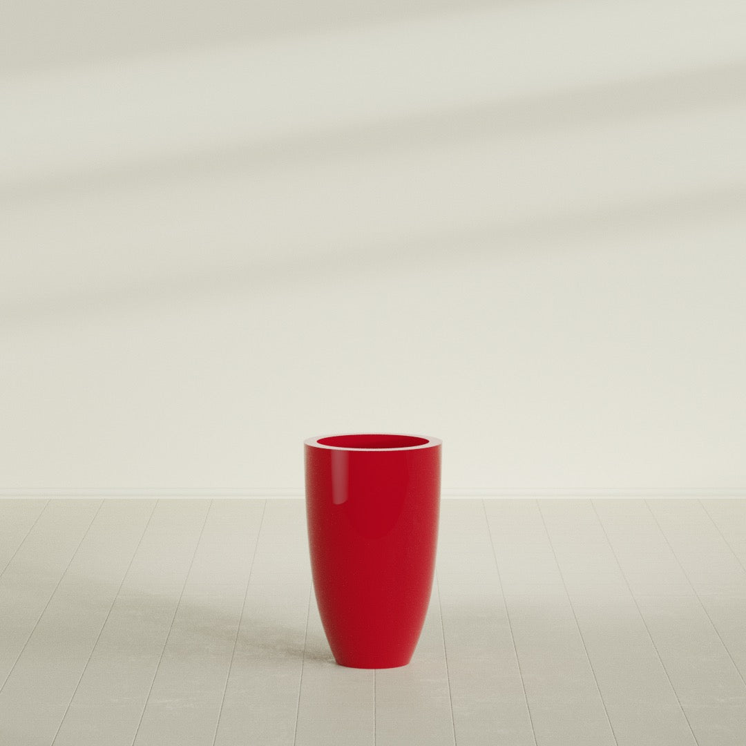 Brannan Tapered Round Planter in Gloss Red, 18"D × 29"H, shown empty