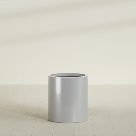 Rio Grande Cylinder Planter in Metallic Silver, 18"D × 20"H, shown empty
