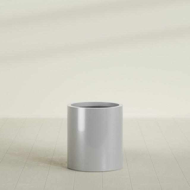 Rio Grande Cylinder Planter in Metallic Silver, 18"D × 20"H, shown empty