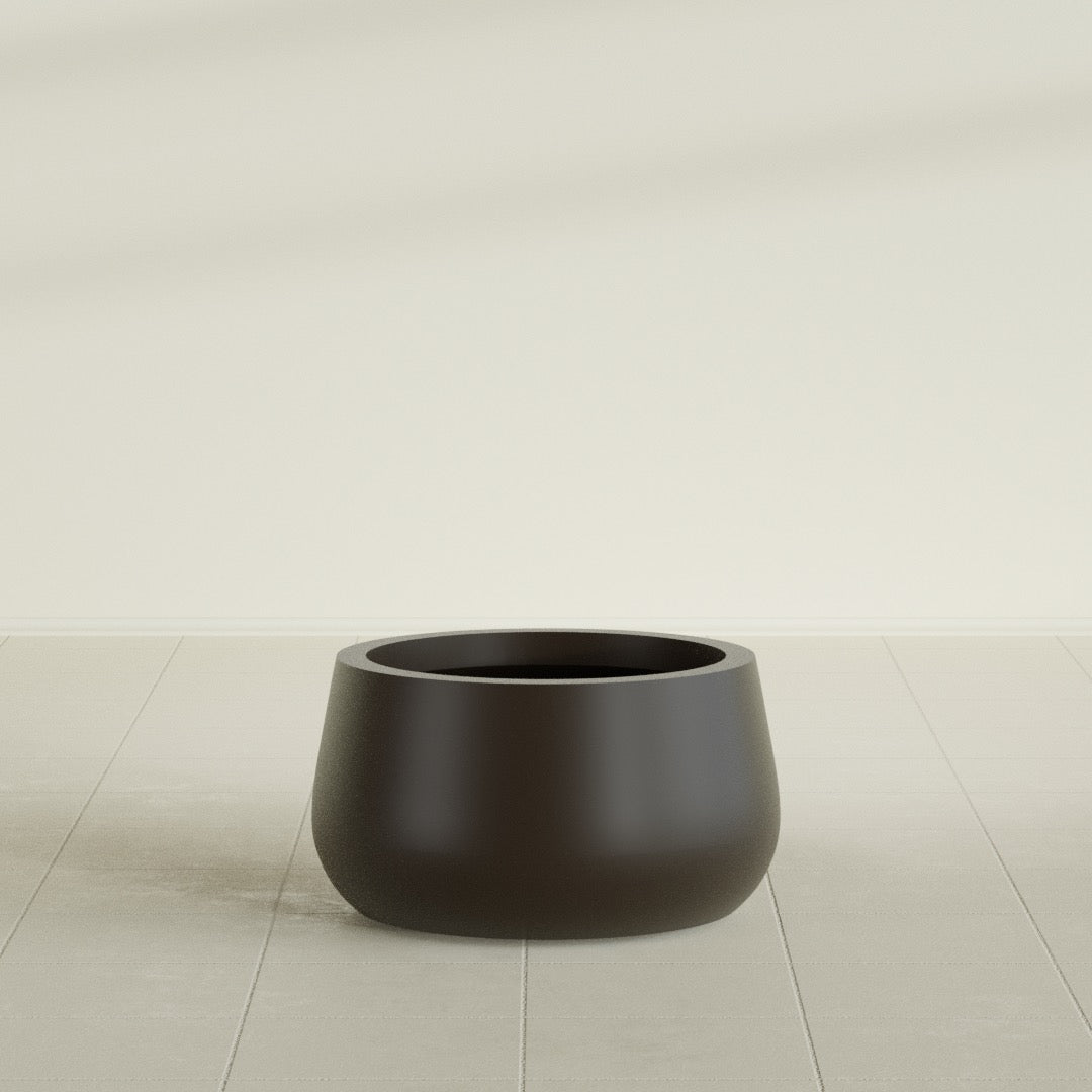 Short Hayden Bowl Planter in Matte Dark Brown, 16"D × 8"H, shown empty