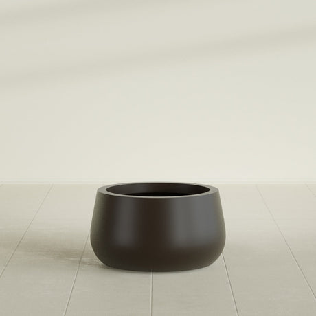 Short Hayden Bowl Planter in Matte Dark Brown, 16"D × 8"H, shown empty