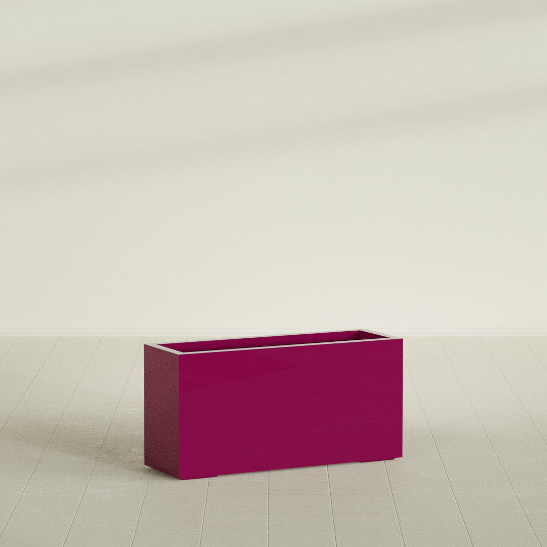 Miami Narrow Rectangular Planter in Gloss Eggplant, 36"L × 12"D × 18"H, shown empty