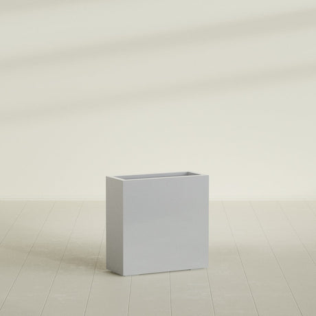 Milano Narrow Rectangular Planter in Metallic Silver, 24"L × 10"D × 24"H, shown empty